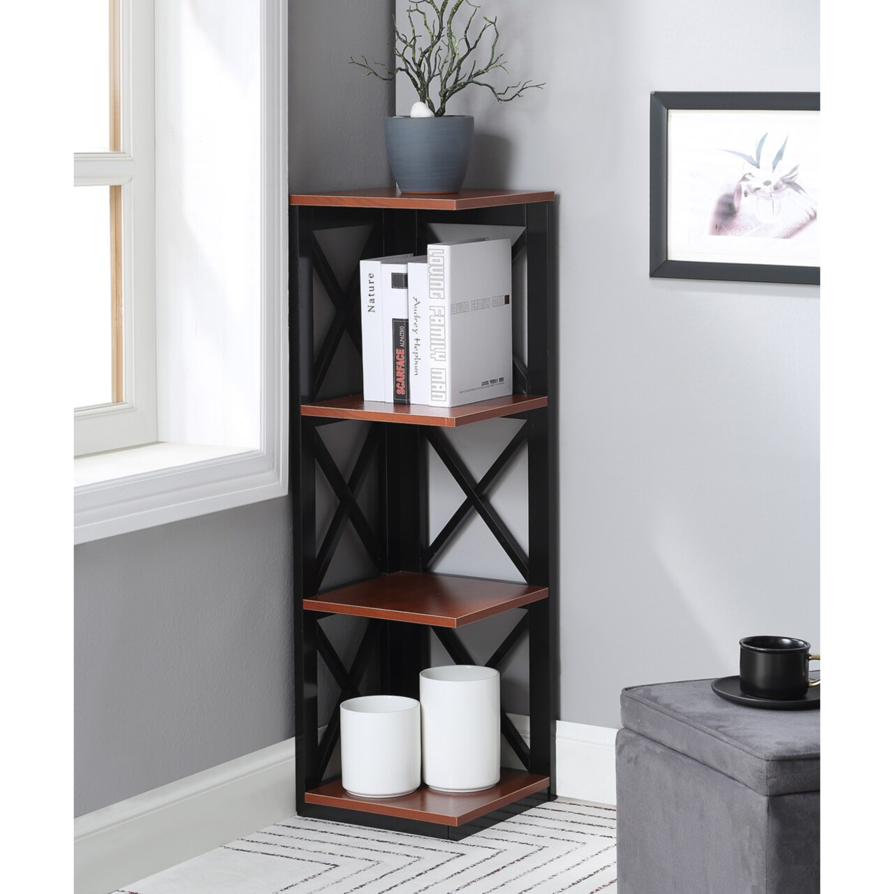 Convenience Concepts Oxford 3 Tier Corner Bookcase, Cherry and Black